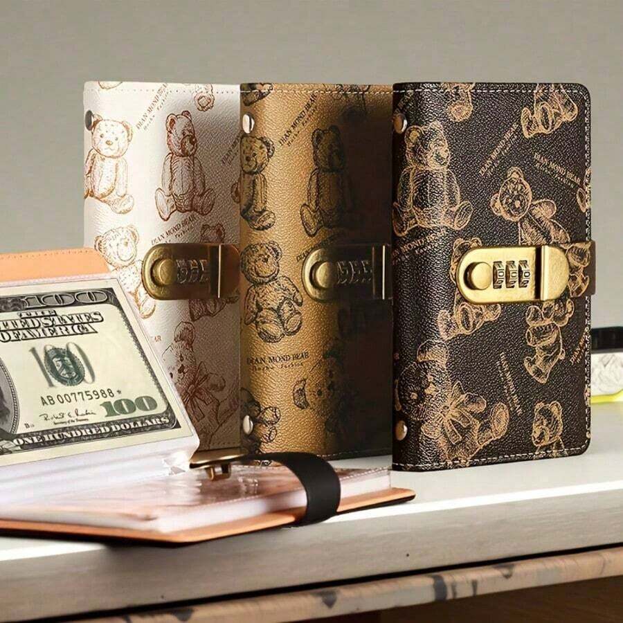 1pc Money Saving Box, Can Hold 100 Banknotes, Comes With Coin Purse & Savings Handbook, Fun Design, Can Store Paper Money, Envelopes, Fashionable & Practical, Includes Savings Notebook For Home Management, Large Capacity, With Dial Lock, Can Be Used As Photo Album/3-Ring Binder Album - 1-piece Black Bear Piggy Bank (with Combination Lock) - View 1