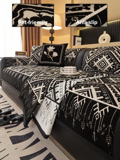 1pc Bohemian Chenille Sofa Cover, Warm Soft Comfortable Skin-Friendly, Pet-Friendly Non-Slip Back, Machine Washable Colorfast, Holiday Decor, Suitable For 1/2/3/4 Seater Sofa Armrest Cover Backrest Cover, All Season Use