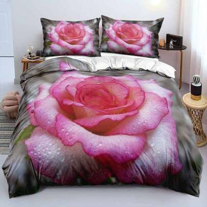 2/3pcs 3D Print Dewy Pink Purple Gradient Rose Duvet Cover Set Soft Blur Gray Base Hyper Realistic Petal Water Droplet Glossy Texture Pattern Bedding Set Delicate Luxe Floral Calm Comforter Cover Set (Size 135x200 Only 1 Pillowcase)