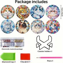 8件套DIY钻石画杯垫套装，带支架 - 猫咪主题，圆形和不对称钻石形状，木制工艺套装，适合成人和初学者 - 查看 6