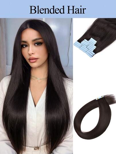 自然黑色20片装隐形胶带式接发，混合发丝，20英寸20片隐形无缝贴合发片，自然直发浓密编织黑色接发，轻盈柔软，适合日常佩戴。