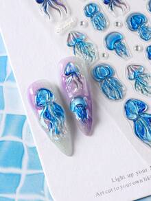 Hình dán móng tay hình sứa dập nổi 5D, hình động vật biển sứa pha lê tự dính, trang trí móng tay sinh học chủ đề đại dương. - Xanh và trắng - Xem 5