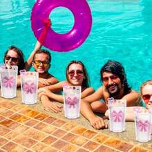 Juego de 100 bolsas de bebidas con lazo rosa para el día de Galentine con pajitas 16 onzas bolsas de bebidas para bodas cumpleaños Y2k despedida de soltera arco rosa suministros para - Rosa - Ver 6