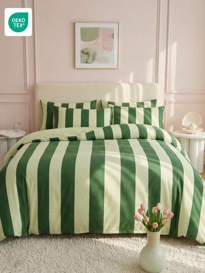 2/3 piezas Juego de ropa de cama con diseño de dibujos animados, sábanas suaves y transpirables, juego de funda nórdica con estilo de dibujos animados, anti-boleado, textil para el hogar lindo, funda nórdica y funda de almohada a rayas, se adapta a camas individuales/dobles/queen/king, adecuado para todas las estaciones, decoración de moda y adorable para dormitorio y dormitorio, lavable a máquina