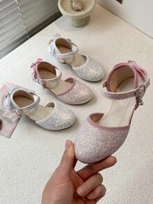 女童闪亮低跟凉鞋，蝴蝶结珍珠踝带闪亮派对鞋 - 粉色 - 查看 9