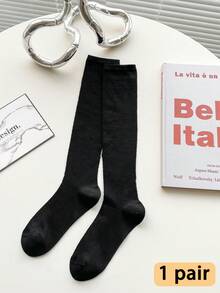 1 Pair Women's Knee-High Socks, Thin Black & White Slimming Leg Socks For Spring/Summer, Versatile Wear With Skirts - Multicolor - View 13