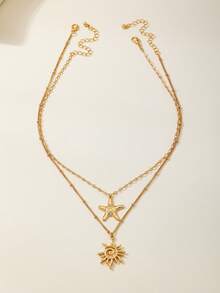 两件套项链 - 海星和向日葵造型吊坠，波西米亚几何纹理金色金属链项链，百搭款式，适合日常佩戴、派对、音乐节、海滩、比基尼等场合。 - 海星 - 查看 2