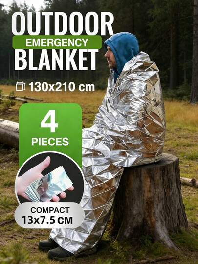 4pcs/1pc Outdoor Camping Emergency Thermal Blanket, Waterproof Moisture-Proof Sunscreen Blanket, Suitable For All Seasons, Easy Ground Mat, Tent, Effectively Locks In Body Heat, Durable, Tear-Resistant, Suitable For Camping, Hiking, Trekking, Mountaineering And Other Emergency Scenarios, Foldable, Lightweight And Easy To Carry, Essential Gear For Outdoor Enthusiasts