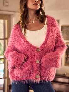 Womens Casual Cardigan Chic Fuzzy Textured Knit Button Front Long Sleeve V Neck Hot Pink - 粉紅色 - 查看 1