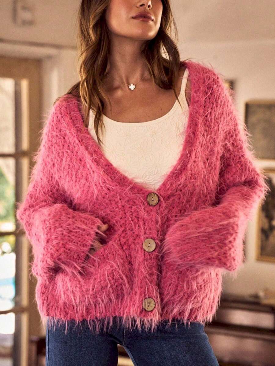 Womens Casual Cardigan Chic Fuzzy Textured Knit Button Front Long Sleeve V Neck Hot Pink - 粉紅色 - 查看 1