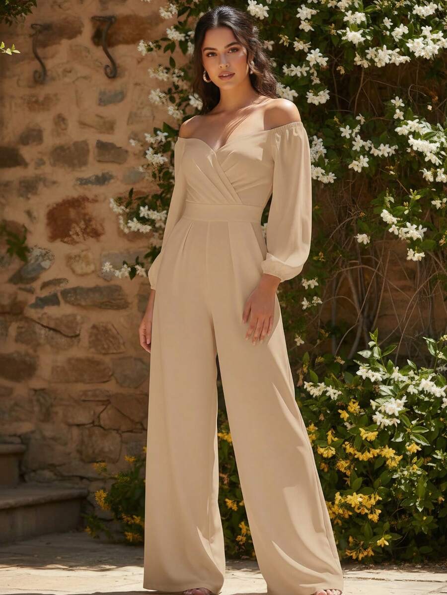 Palazzo mujer elegante escote corazon hombros decubiertos pliegue en pecho manga larga corte en cintura pierna ancha manga  verano con elegancia - Beis - Ver 1