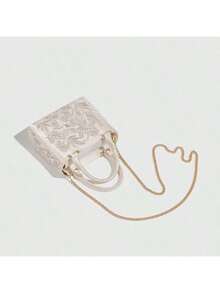 Moonlight White Pearl Embroidered Mini Handbag, Exquisite Floral Embossed Evening Clutch - White - View 6