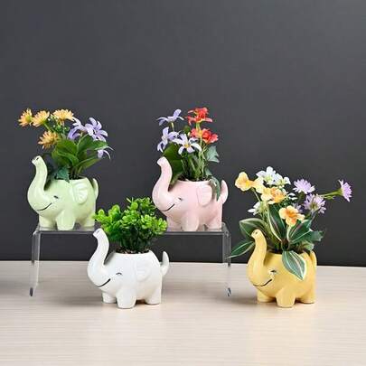 4 Packs Cute Elephant Ceramic Planters - Whimsical Animal Design, Versatile Flower Pots For Indoor & Outdoor Home & Garden Decor