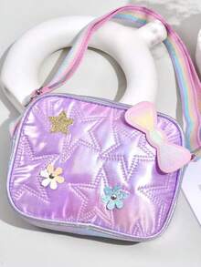 1pc Bow & Star Decorated Backpack, Fun One Shoulder Crossbody Bag, Sweet Style, Sequin Embellished, Pink & Sky Blue - Multicolor - View 5