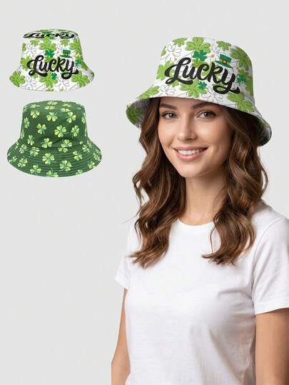 1pc Reversible Printed Bucket Hat, European And American Style Sun Protection Clover Cartoon Bucket Hat