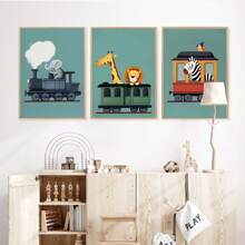 1幅帆布防水儿童房装饰画，带框儿童房海报，野生动物火车主题儿童房墙画，男孩房装饰，包含狮子、大象、长颈鹿和斑马图案，色彩缤纷的游戏室装饰，婴儿房装饰，幼儿园装饰，孕妇房墙画，游戏室海报，卡通装饰 - 彩色 - 查看 10