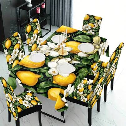 1/4/5/6/7/36pcs Spring & Summer Series Coconut & Palm Leaf, Lemon & White Flower, Pomegranate & Berry Pattern Chair Cover/Seat Cushion Set, Suitable For Indoor Home, Restaurant, Hotel, Ideal For Modern Daily Decor. Tablecloth Fits Square Dining Table, Elastic Chair Cover Is Washable.