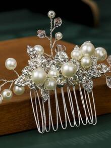 1件手工珍珠水晶新娘发梳，优雅树叶造型婚纱配饰，浪漫森林风发夹 - 彩色 - 查看 4