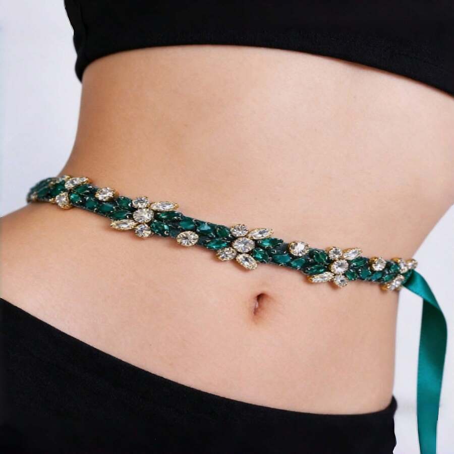 1件祖母绿钻石婚礼派对腰带，时尚新娘头饰，适合万圣节、圣诞节、假期等场合 - 墨綠色 - 查看 1