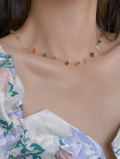 1件不对称几何彩色天然石项链，水晶碎屑颈链，适合女性日常佩戴，也是一份独特的礼物