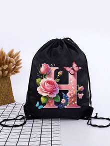 1pc Summer New Floral & Letter Outdoor Sports Bag, Football Backpack, Basketball Backpack, Boys & Girls Sports Bag, Hiking Backpack, Large Capacity Lightweight Drawstring Bag - Black - View 3