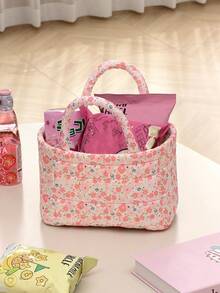 1Pc Floral Print Quilted Storage Basket Laundry Basket Large Capacity Portable Storage Bag Foldable Snack Basket With Handle For Women And Girls Cosmetic Storage Basket Toy Storage Basket Skincare Storage Basket Women Makeup Storage Multifunctional Storage Basket Cosmetic Organizer Home Decor Livingroom Bedroom Decor Bathroom Decor Closet Organization And Storage Clothes Organizer Home Deco School Dormitory Back To School Essentials - Pink - View 11