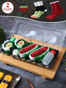 两双装多色中筒袜，男女通用情侣礼盒，柔软寿司图案，创意美食灵感设计，舒适百搭，适合生日、情人节、复活节、斋月、约会、家庭聚会、派对等场合，时尚休闲新潮之选。 - 彩色 - 查看 3