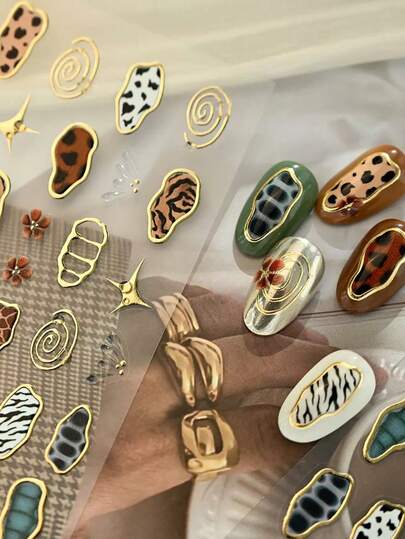 1pc French Leopard Print Colorful Gold Jelly Butterfly Wing Asymmetrical Geometric Nail Sticker, 5D Nail Art Sticker, & Charming Nail Decal For Women DIY Manicure Nail Stickers