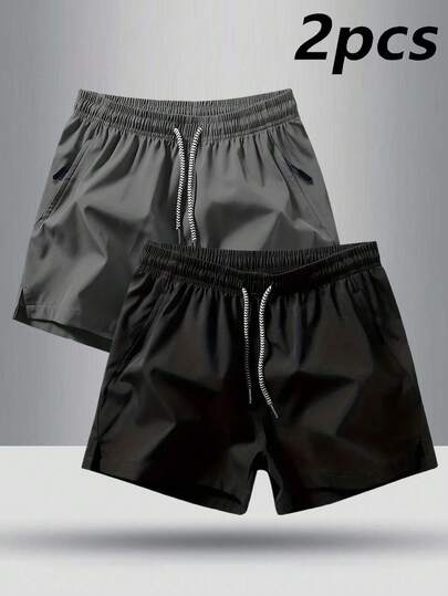 2pcs/Set Tween Boys Casual Outdoor Sports Shorts, Letter Print Accent, Side Zipper Pocket, Drawstring Waist, Summer