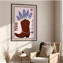 1幅复古德州邮票牛仔靴墙画，蓝帽花孤星州印花帆布画，复古西部乡村风格海报，适用于卧室、客厅、浴室、宿舍墙面装饰，送给她的礼物，不含框 - 彩色 - 查看 5