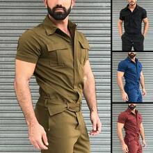 2026 Men's Workwear Jumpsuit Casual One-Piece Suit With Belt Short Sleeve - Black (laced, No Buckle Belt) - View 2