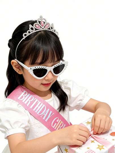 3件套女孩生日绶带头饰套装，粉色闪光生日快乐绶带派对皇冠头饰，公主派对配饰礼物