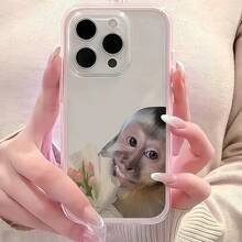 1pc Pink Frame Transparent Minimalist Monkey Holding Flowers Pattern Phone Case, Shockproof And Scratch-Resistant, Compatible With IPhone 16 Pro Max, 17/16/15/14 Plus, 13/12/11, Air, Series - Multicolor - View 5