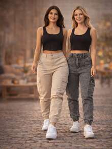 Stillger Moda Jeans Set Of 2 Cargo Jogger Jeans With Butt-Lifting Effect, High Waist, Premium Lycra - 米色和大理石紋 - 查看 1