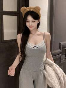 法式蕾丝吊带背心，带衬垫胸罩，性感吊带衫，女士春夏款 - 灰色 - 查看 2