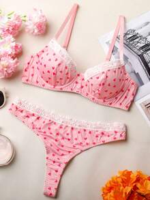 2pcs Women's Sexy Embroidered Mesh Sheer Camisole Bra Set, Suitable For Party And Carnival Wear - Pink - View 1