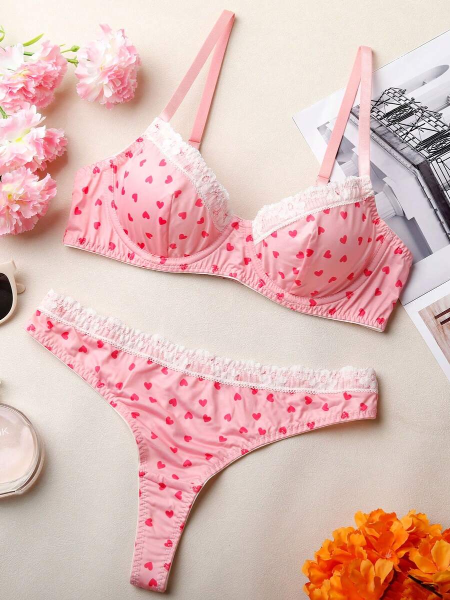 2pcs Women's Sexy Embroidered Mesh Sheer Camisole Bra Set, Suitable For Party And Carnival Wear - Pink - View 1