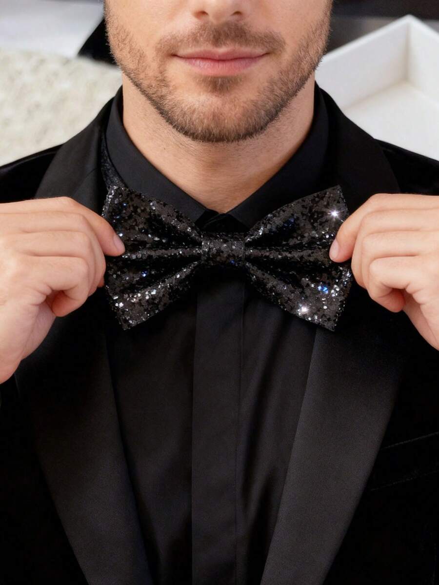 1件男士领结，闪亮领结，适合新郎、伴郎、婚礼、宴会、派对、夜总会等场合。 - 黑色 - 查看 1