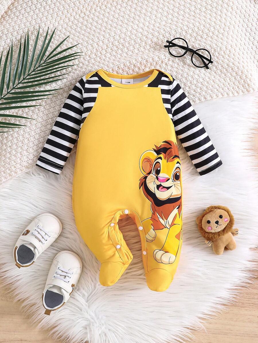 1pc Striped Cute Lion Infant Newborn Baby Romper - Yellow - View 1