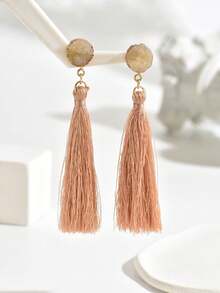 1 Pair Asymmetrical Design Fashionable Faux Stone Long Tassel Earrings Suitable For Daily Wear - Baby Pink - View 2