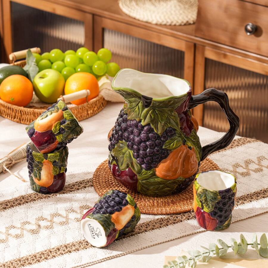 Tazas de cerámica estilo siciliano, tazas, tetera con relieve de uva, jarra de agua, jarra de jugo, tetera de leche y té, taza de café, taza de jugo, taza de bebida, taza de té, taza de leche, adecuado para uso diario y regalos, regalo del Día de la Madre, regalo de graduación - Multicolor - Ver 1