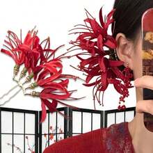 1pc Japanese-Style Red Spider Lily Hair Clip, Bohemian Flower Side Comb Hair Accessory, Sweet 3D Flower Hair Clip, Elegant Floral Hair Clip Women, Suitable Buns, Ponytails, Updos, Everyday Wear/New Year Parties/Proms/Bridal Hair Accessories, Valentine's Day Gifts - 1 紅色 - 查看 3