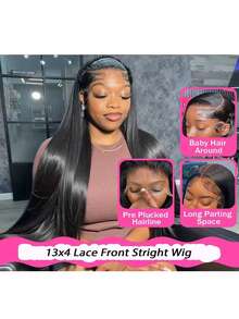 200% 高密度顺滑直发假发 - 13x6 高清蕾丝前额真人发混纺,预先拔毛,无需胶水,专为女性设计,超浓密丝滑,外观自然,无需胶水,即戴即用 - 自然色&黑色系 - 查看 12