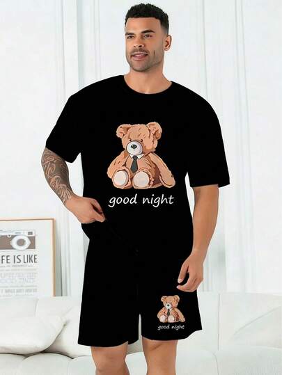 Bộ đồ ngủ nam cỡ lớn | Áo tay ngắn cổ tròn và quần short cạp chun, kiểu dáng thường ngày, bộ 2 món | Vải dệt kim polyester, mềm mại và thoáng khí, rộng rãi và thoải mái | Chúc ngủ ngon! Họa tiết gấu bông, thiết kế thường ngày.