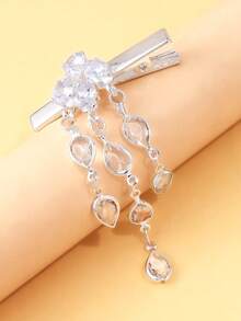 1 pieza Elegante pasador de cabello con forma de lágrima, con colgante de borla con strass, pasador de cabello lateral elegante para mujeres - Plateado - Ver 5