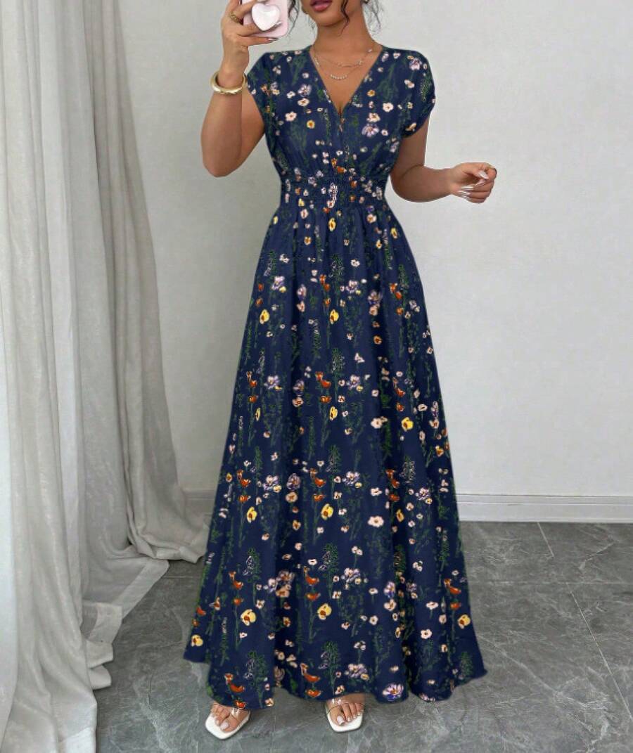 Short-Sleeve Tie-Dye Dress, 's New Printed V-Neck Long Dress, Cross-Border Summer Waist-Cinching Women's Clothing - 藏蘭花 - 查看 1