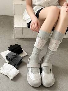 1 Pair Women's Lace Splice Slimming Leg High Socks, Spring/Summer Style, Versatile To Pair With Skirts - Multicolor - View 1