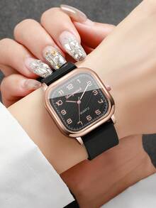 1 件女式石英手表，带硅表带，时尚方形表盘带数字标记，时尚休闲腕表（1 件/套），不含表盒 - 黑色 - 查看 3