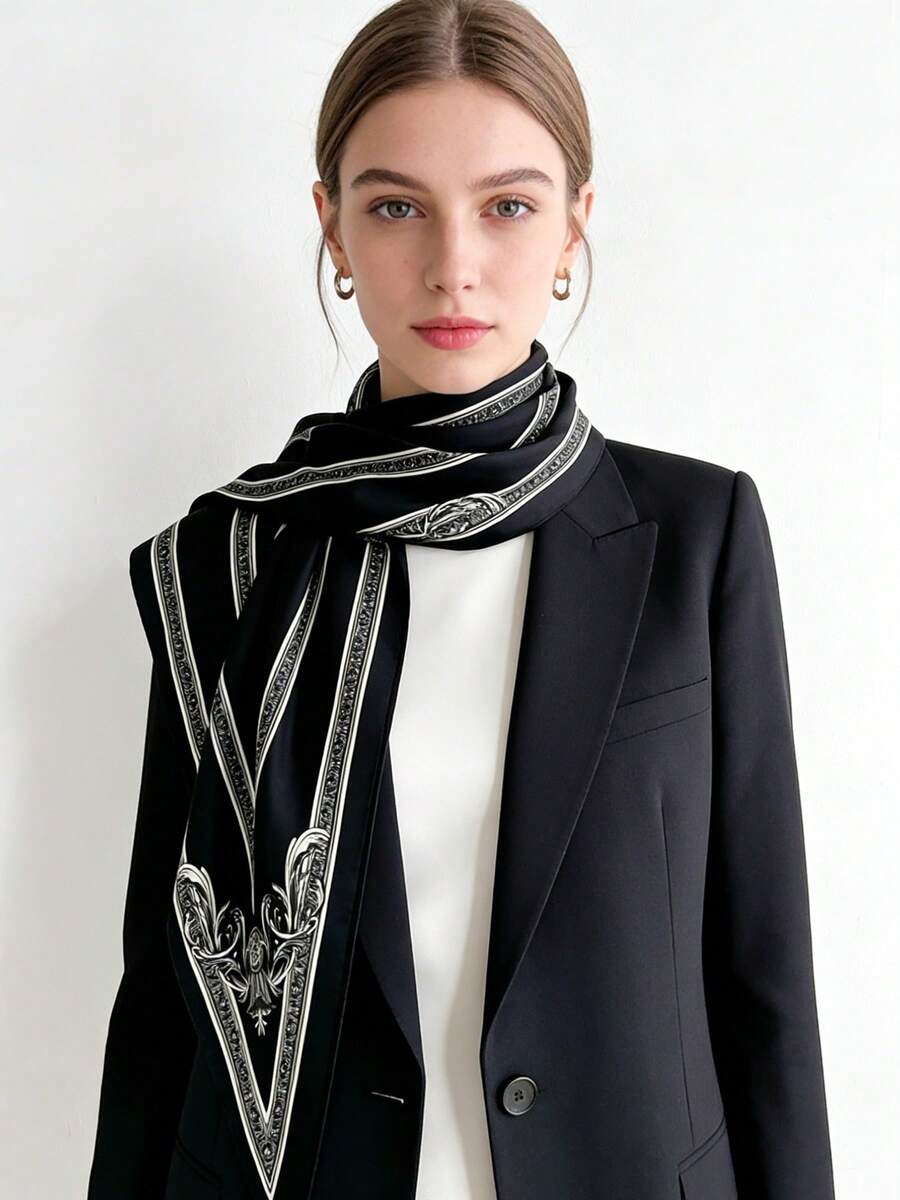 1pc Fashionable Retro Minimalist Striped Print Versatile Triangle Scarf/Shawl, Suitable For Daily, Office, Vacation Occasions - Brown - View 1