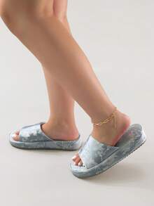 Elegant Fashion Wedge Heel Chinese Style Embroidered Satin Open Toe Slip-On Slippers For Women - Dusty Blue - View 4